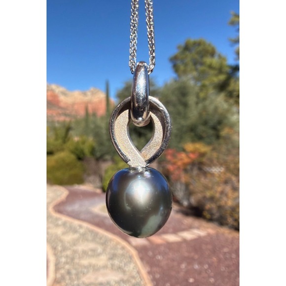 Vintage 18k Solid Gold Cultured Tahitian Black Pearl Pendant Necklace 12.3mm - Picture 12 of 13